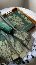 Load image into Gallery viewer, Woven Whispers Bottle Green Jamdani Muga Silk Unstitched Suit Set
