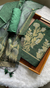 Woven Whispers Bottle Green Jamdani Muga Silk Unstitched Suit Set