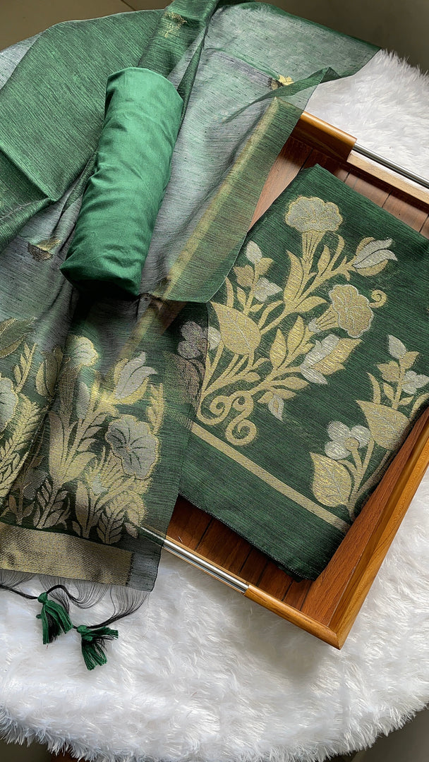 Woven Whispers Bottle Green Jamdani Muga Silk Unstitched Suit Set