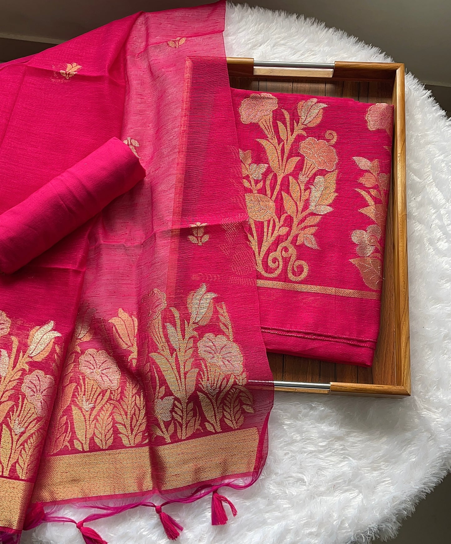 Woven Whispers Hot Pink Jamdani Muga Silk Unstitched Suit Set