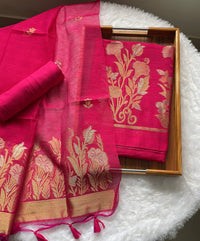 Woven Whispers Hot Pink Jamdani Muga Silk Unstitched Suit Set