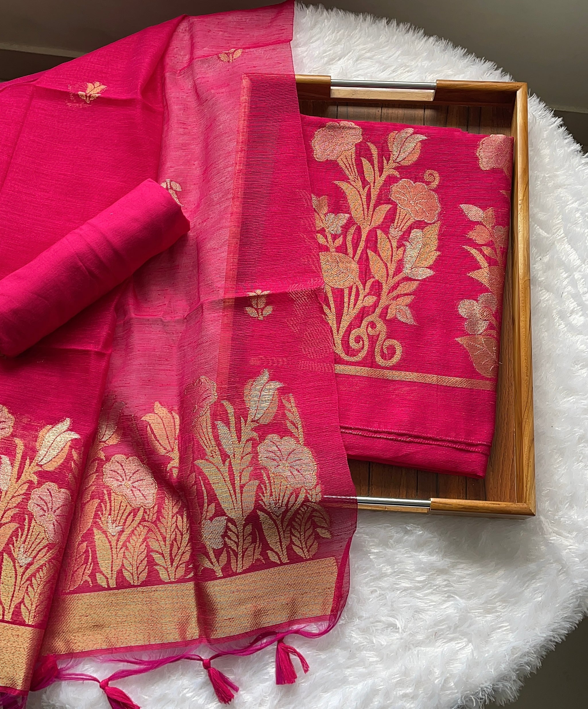 Woven Whispers Hot Pink Jamdani Muga Silk Unstitched Suit Set