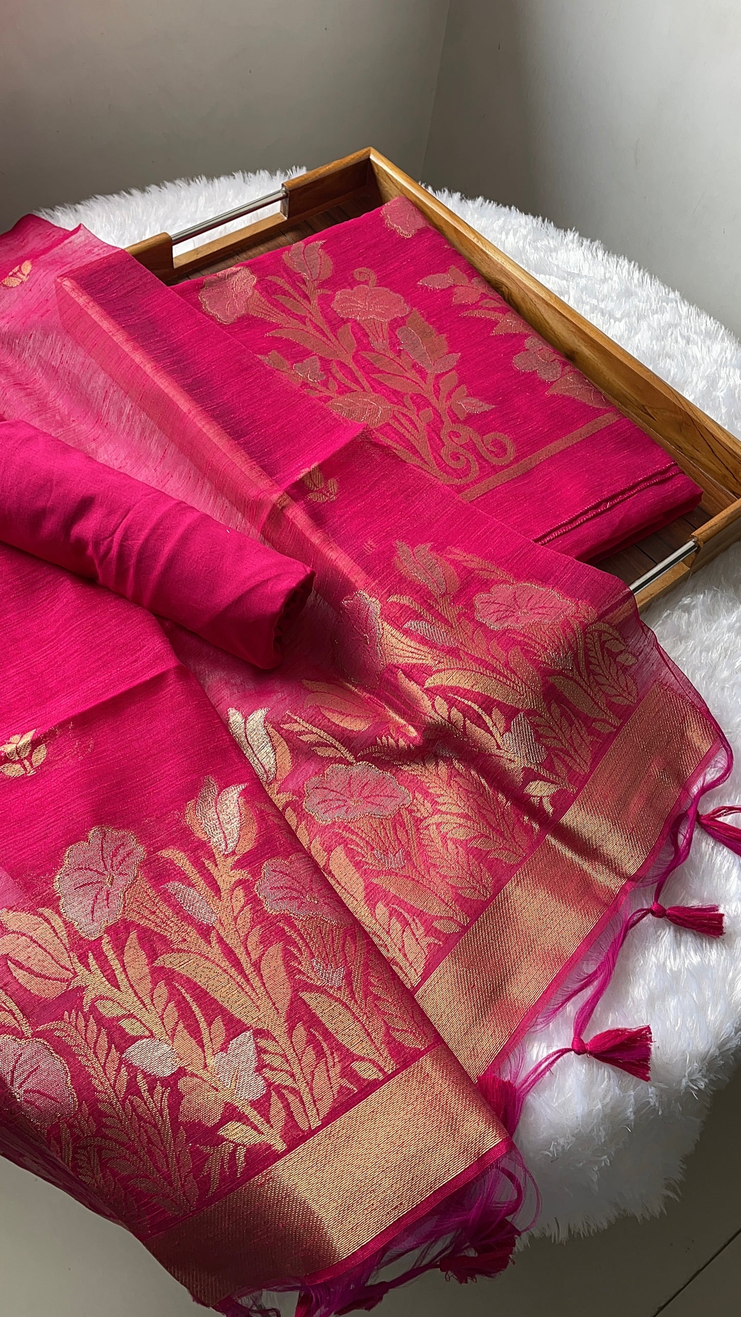 Woven Whispers Hot Pink Jamdani Muga Silk Unstitched Suit Set