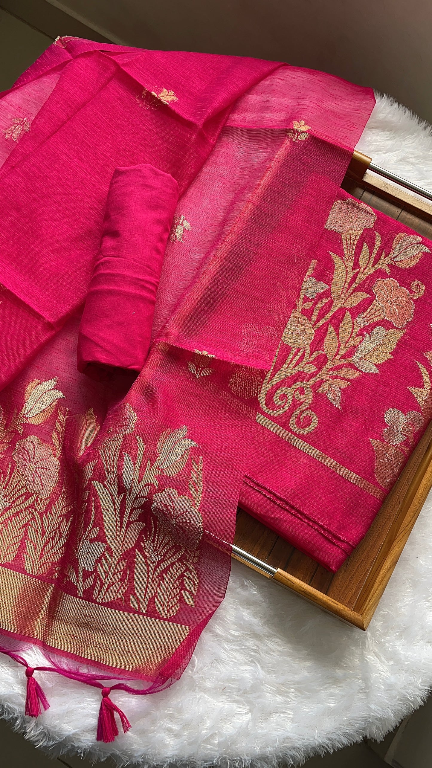 Woven Whispers Hot Pink Jamdani Muga Silk Unstitched Suit Set
