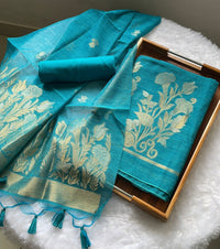 Woven Whispers Teal Blue Jamdani Muga Silk Unstitched Suit Set