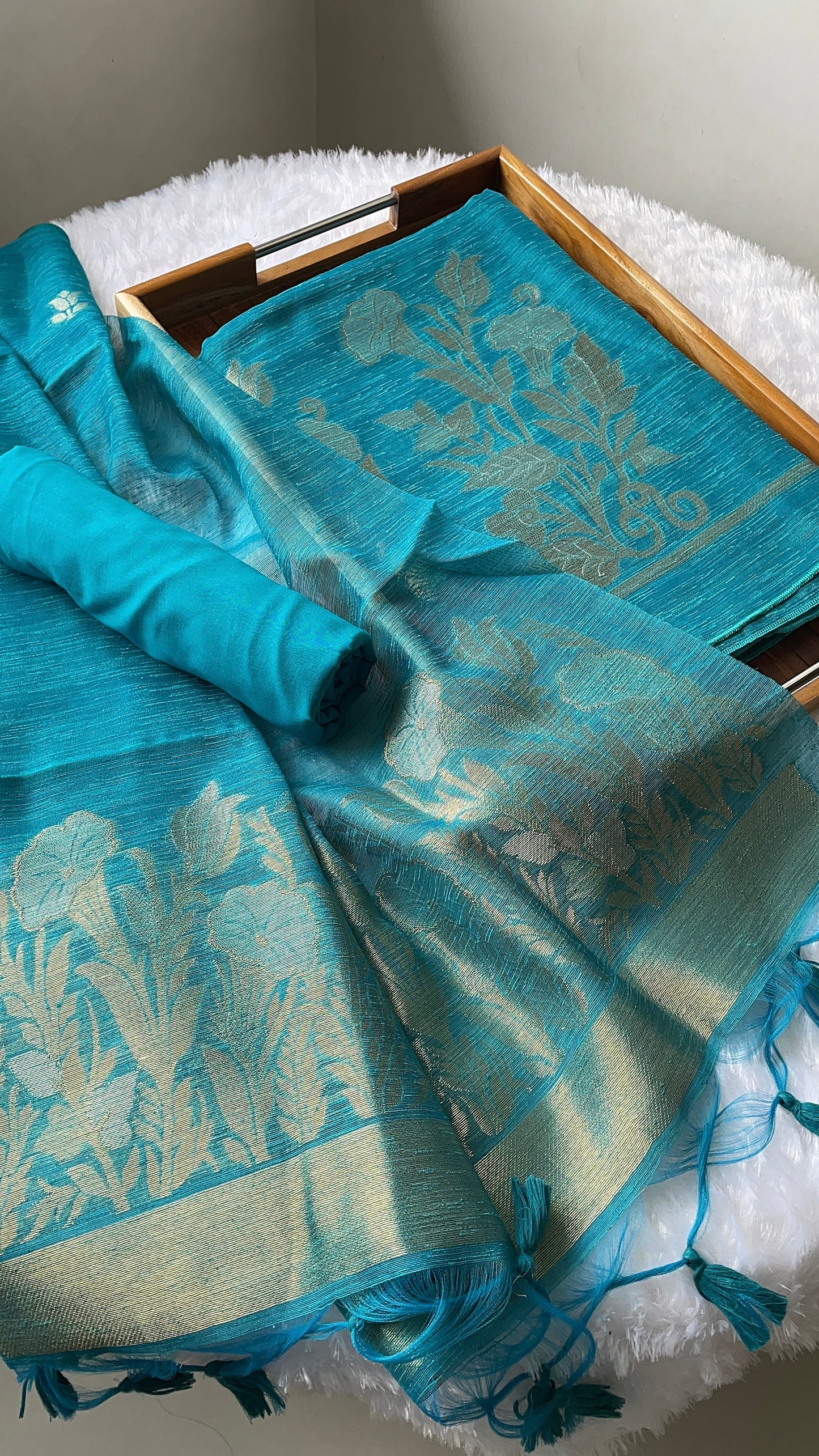 Woven Whispers Teal Blue Jamdani Muga Silk Unstitched Suit Set