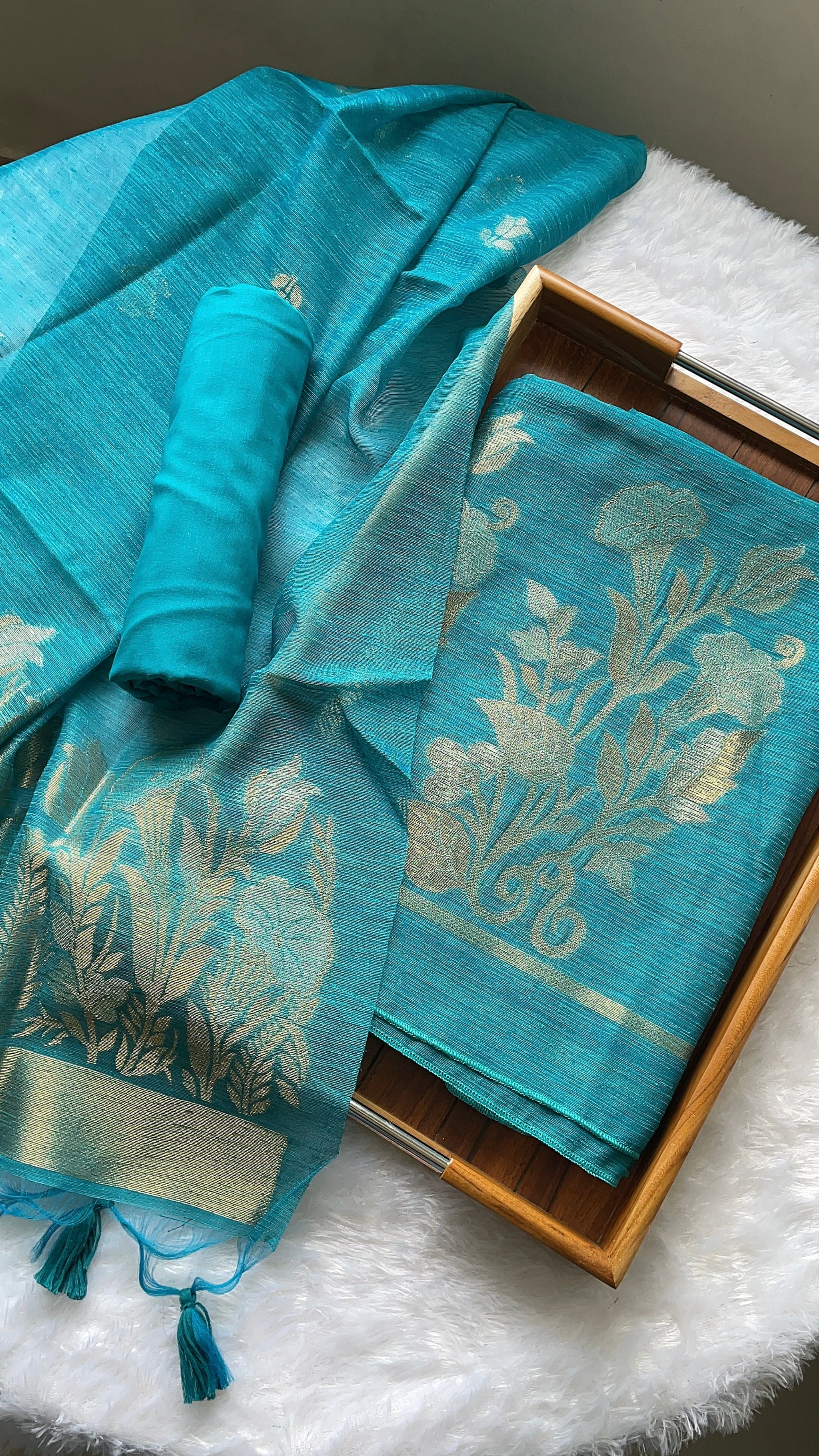 Woven Whispers Teal Blue Jamdani Muga Silk Unstitched Suit Set