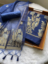 Woven Whispers Navy Blue Jamdani Muga Silk Unstitched Suit Set