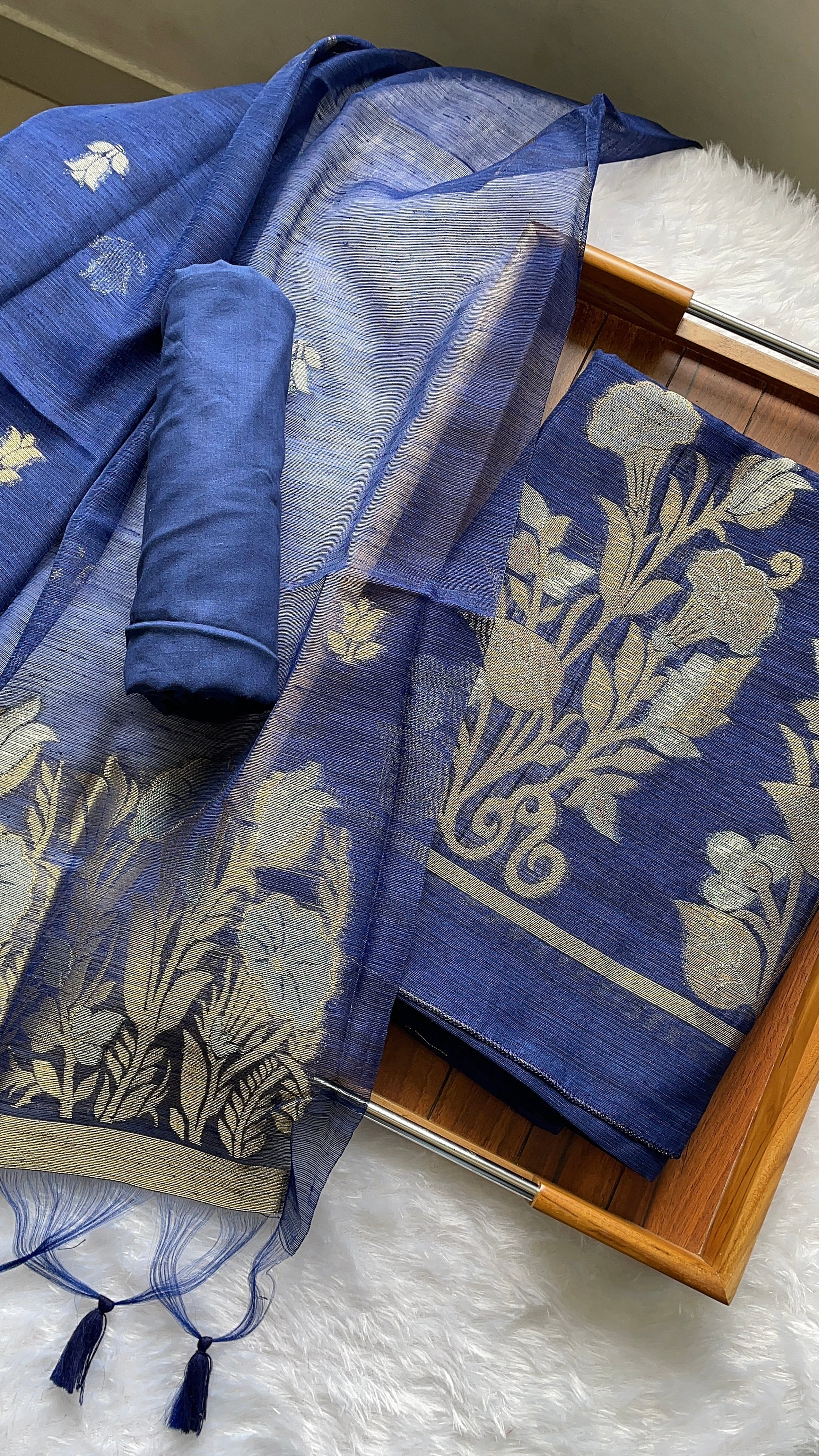 Woven Whispers Navy Blue Jamdani Muga Silk Unstitched Suit Set