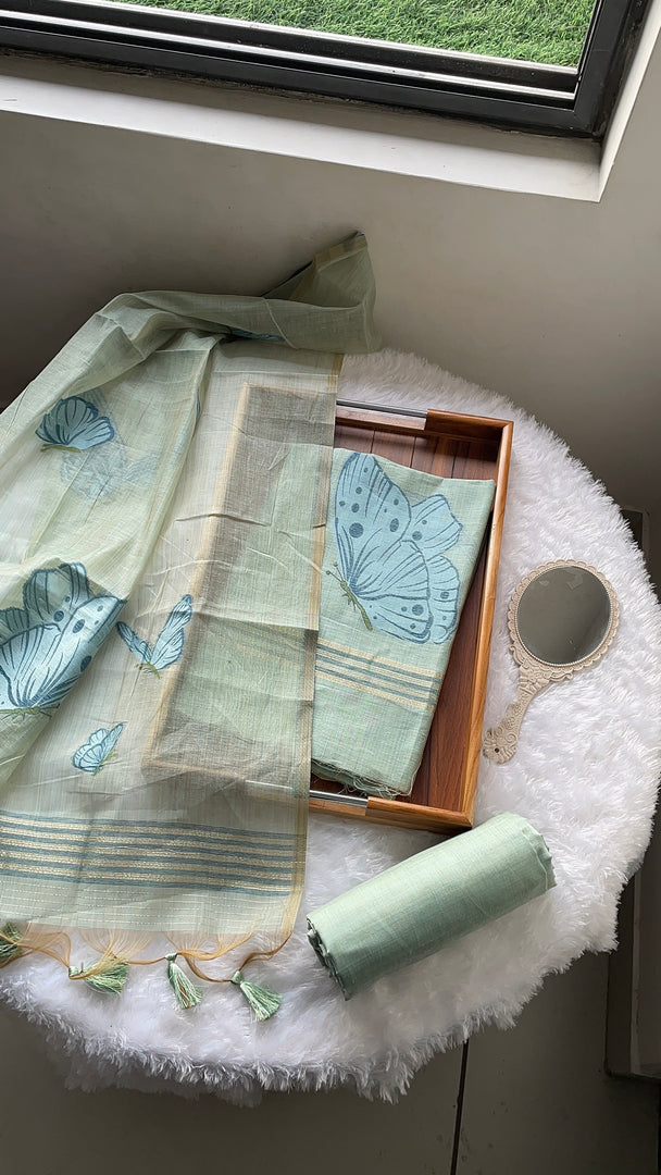 Butterfly Mint Green Muga Cotton Unstitched Suit Set