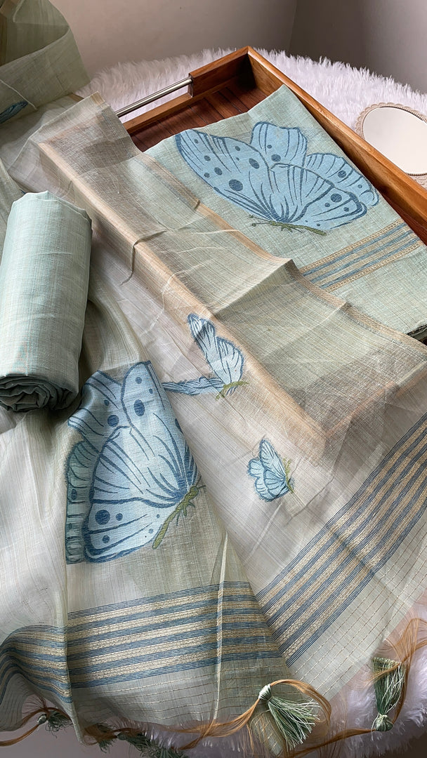 Butterfly Mint Green Muga Cotton Unstitched Suit Set