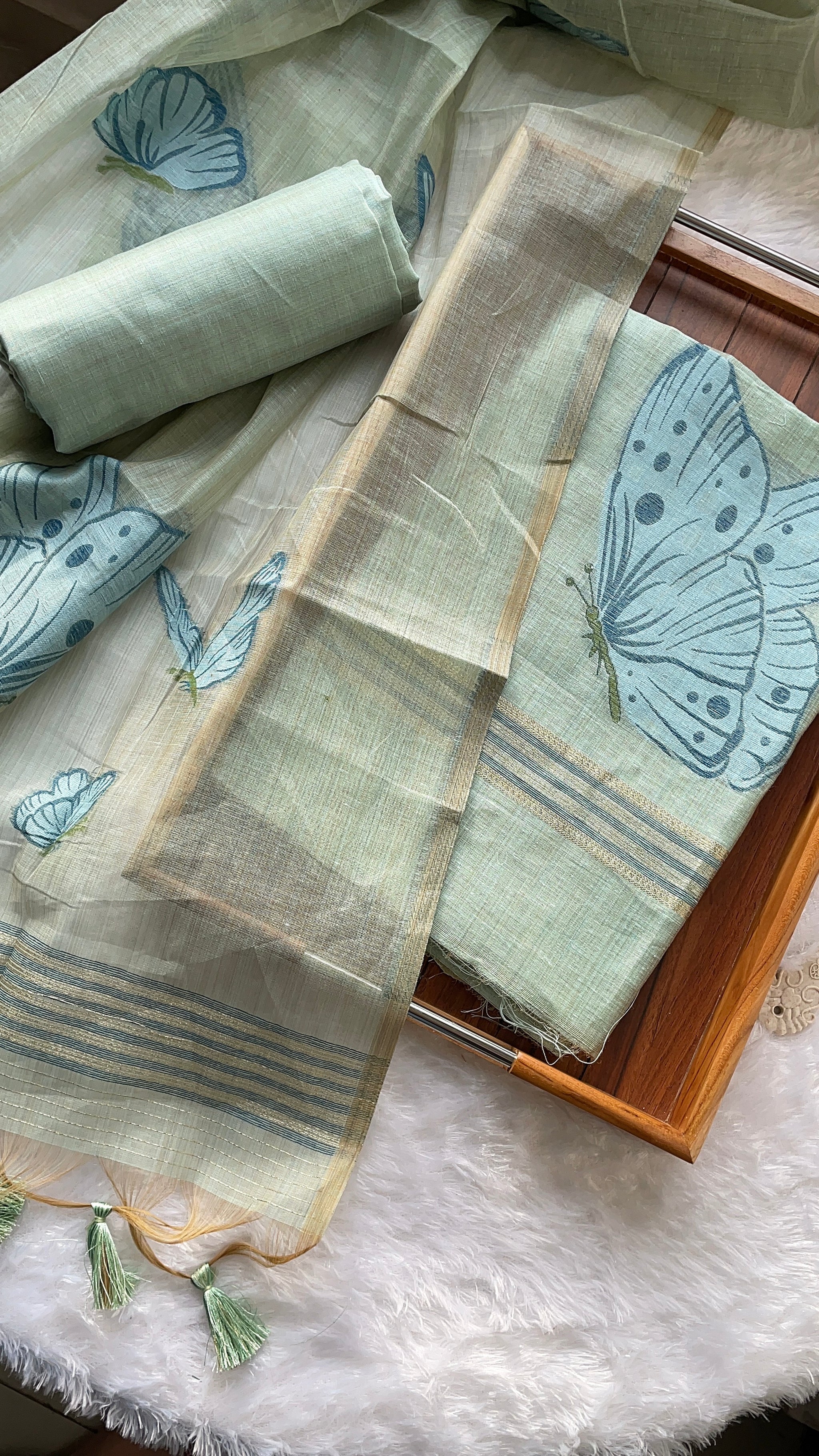 Butterfly Mint Green Muga Cotton Unstitched Suit Set