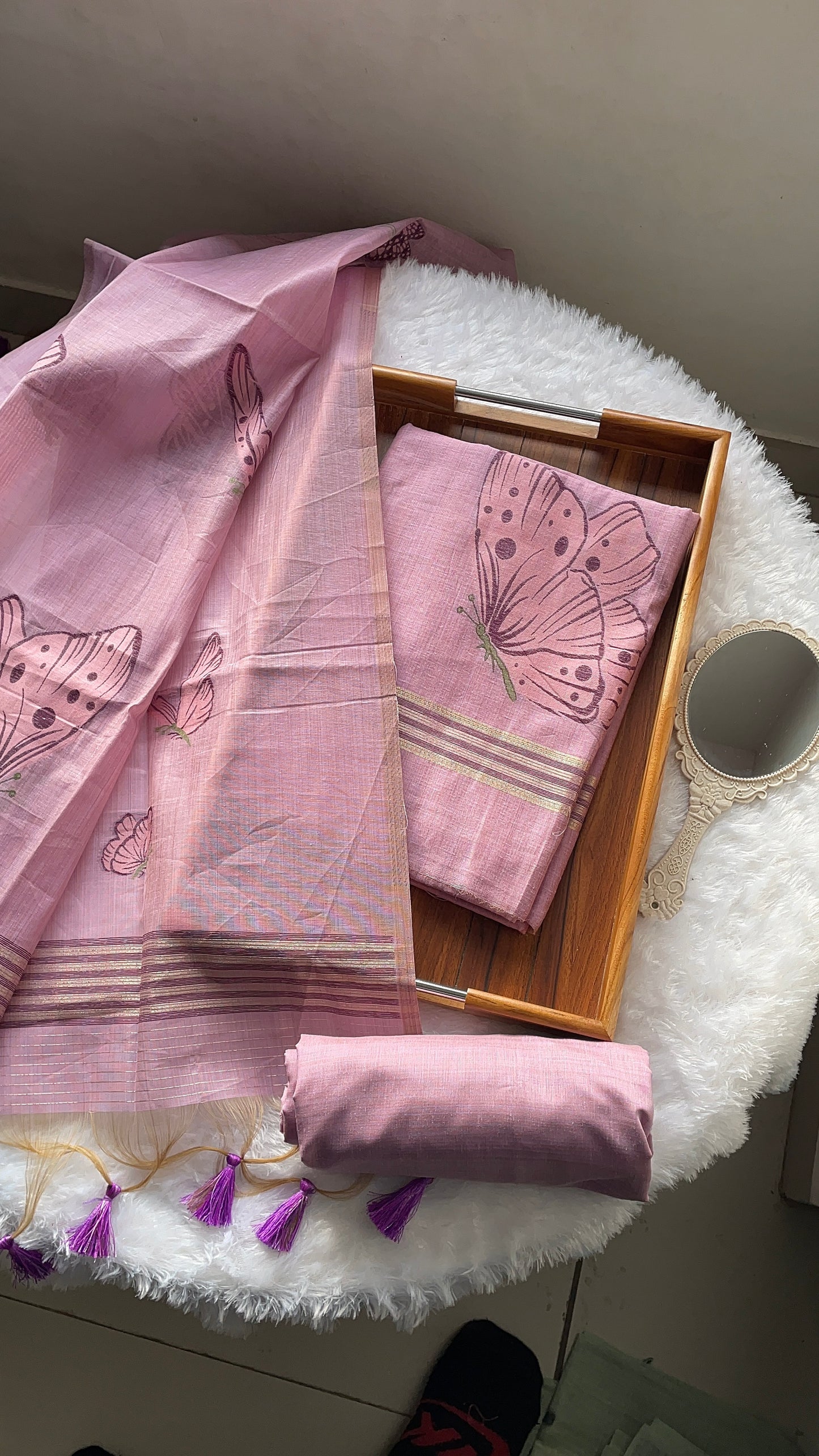 Butterfly Lavender Muga Cotton Unstitched Suit Set