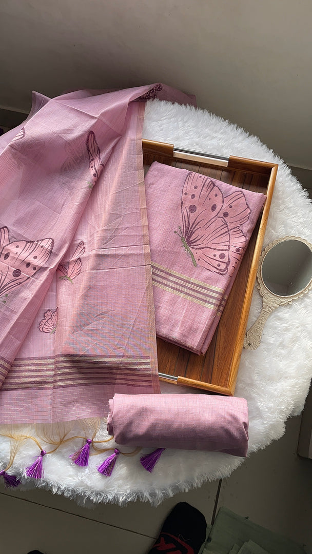 Butterfly Lavender Muga Cotton Unstitched Suit Set