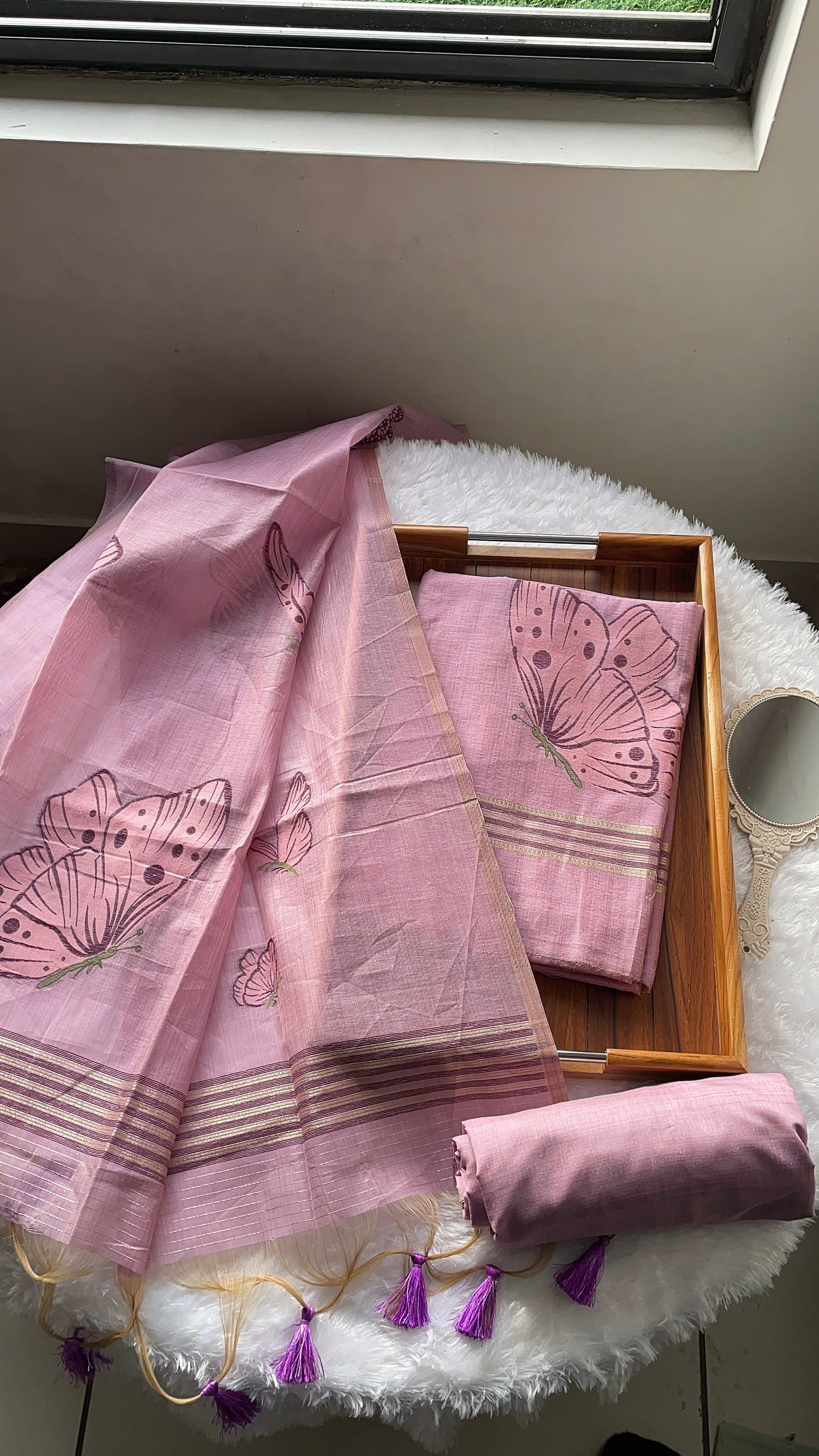 Butterfly Lavender Muga Cotton Unstitched Suit Set