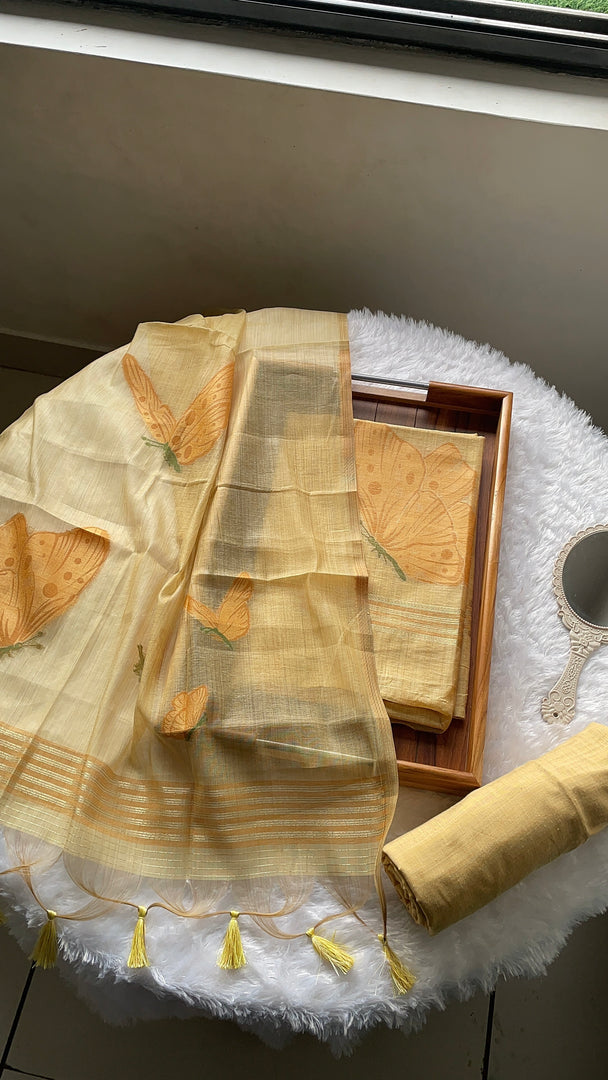Butterfly Yellow  Muga Cotton Unstitched Suit Set