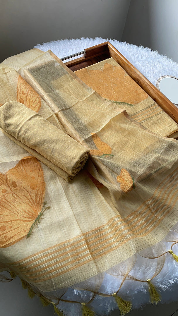 Butterfly Yellow  Muga Cotton Unstitched Suit Set