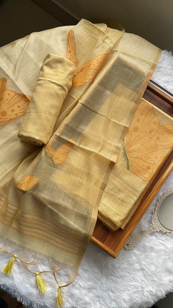 Butterfly Yellow  Muga Cotton Unstitched Suit Set