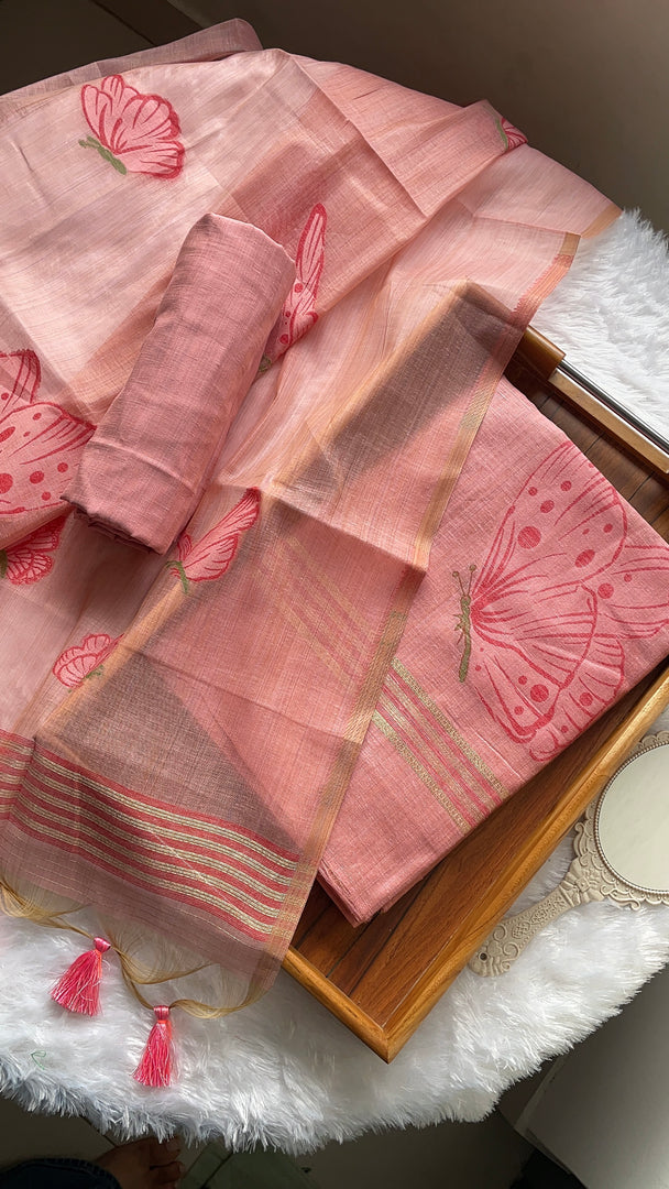 Butterfly Pink Muga Cotton Unstitched Suit Set