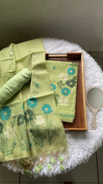 Load image into Gallery viewer, Whimsical Weaves Green Soft Muga Cotton Jamdani Unstitched Suit Set
