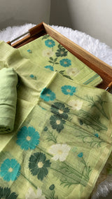 Whimsical Weaves Green Soft Muga Cotton Jamdani Unstitched Suit Set