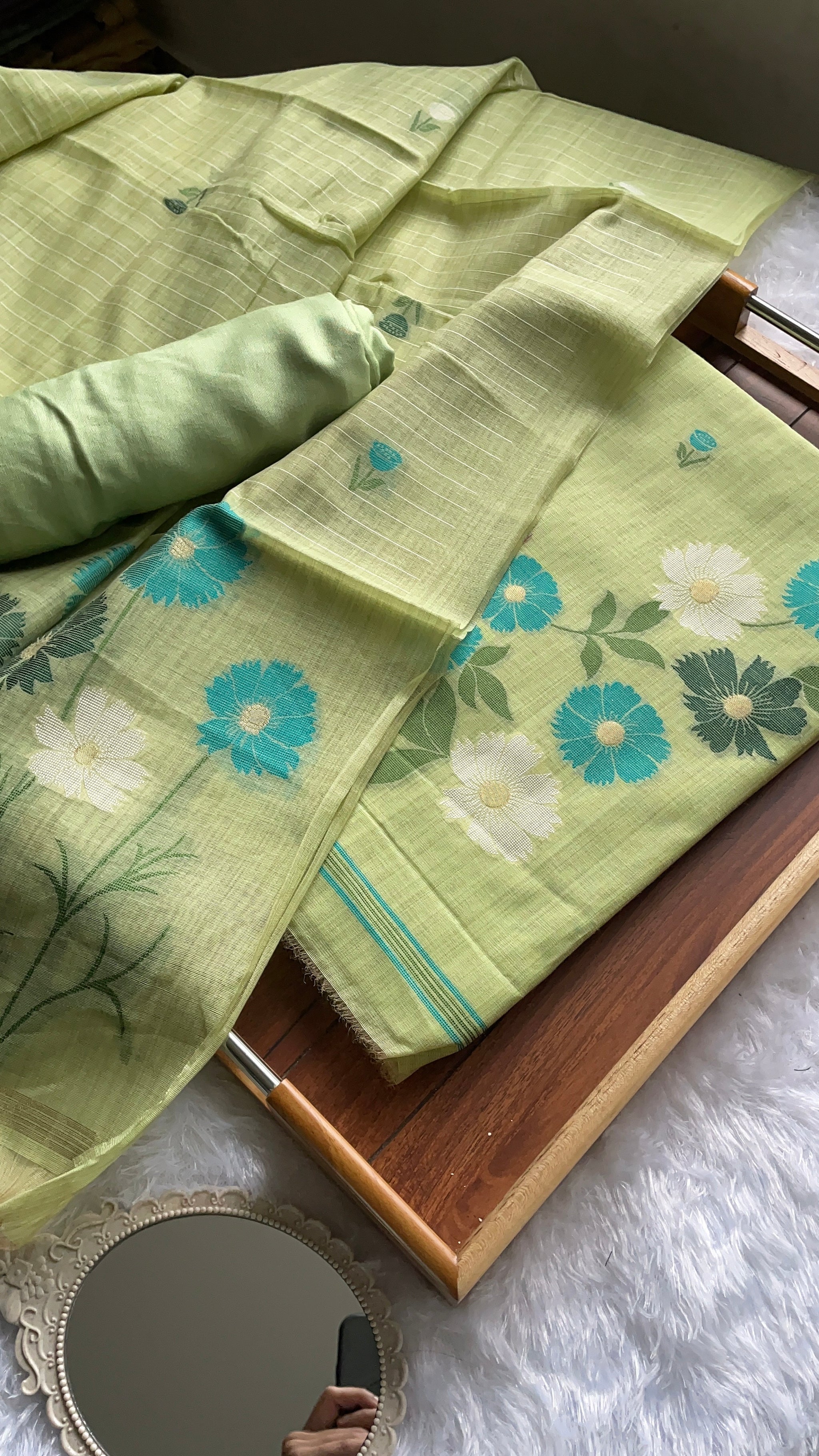 Whimsical Weaves Green Soft Muga Cotton Jamdani Unstitched Suit Set