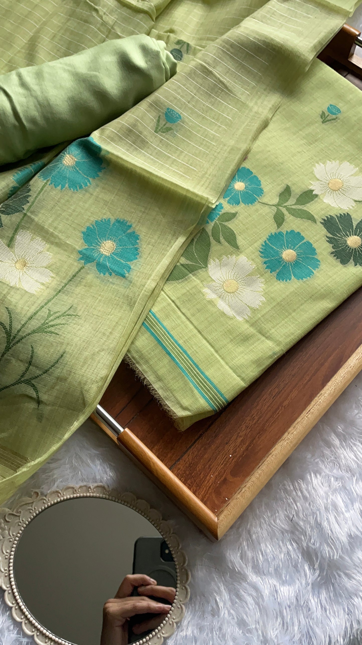 Whimsical Weaves Green Soft Muga Cotton Jamdani Unstitched Suit Set