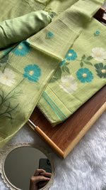 Load image into Gallery viewer, Whimsical Weaves Green Soft Muga Cotton Jamdani Unstitched Suit Set
