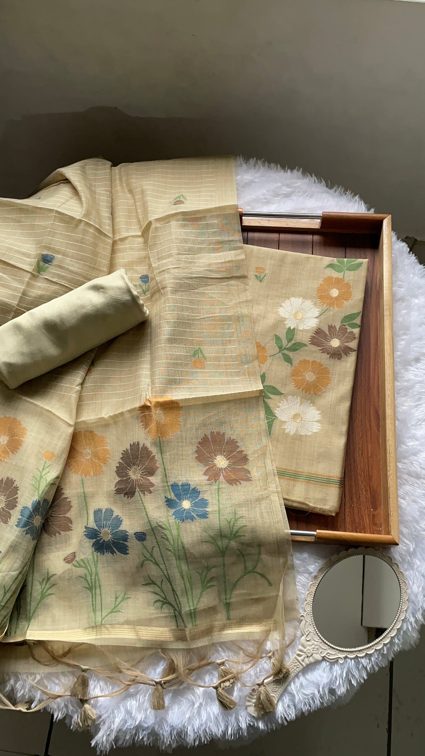 Whimsical Weaves Beige Soft Muga Cotton Jamdani Unstitched Suit Set