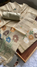 Whimsical Weaves Beige Soft Muga Cotton Jamdani Unstitched Suit Set