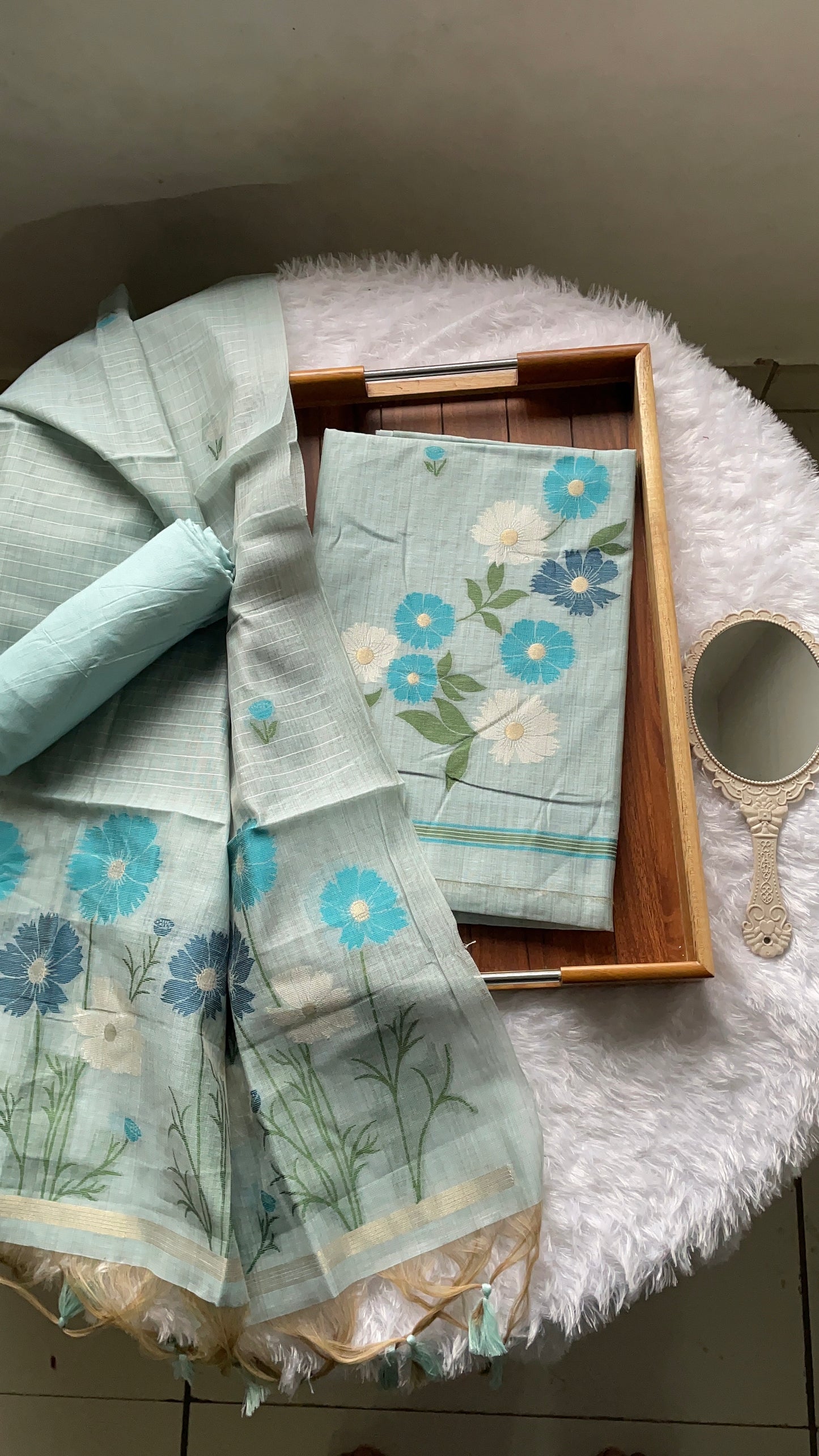 Whimsical Weaves Sky Blue Soft Muga Cotton Jamdani Unstitched Suit Set