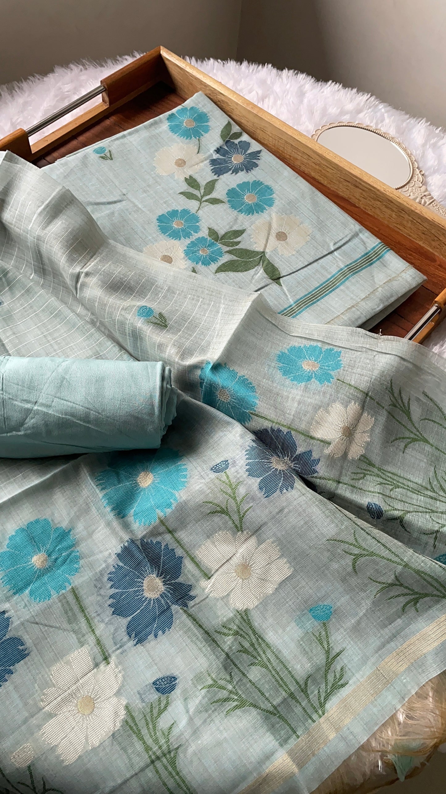 Whimsical Weaves Sky Blue Soft Muga Cotton Jamdani Unstitched Suit Set