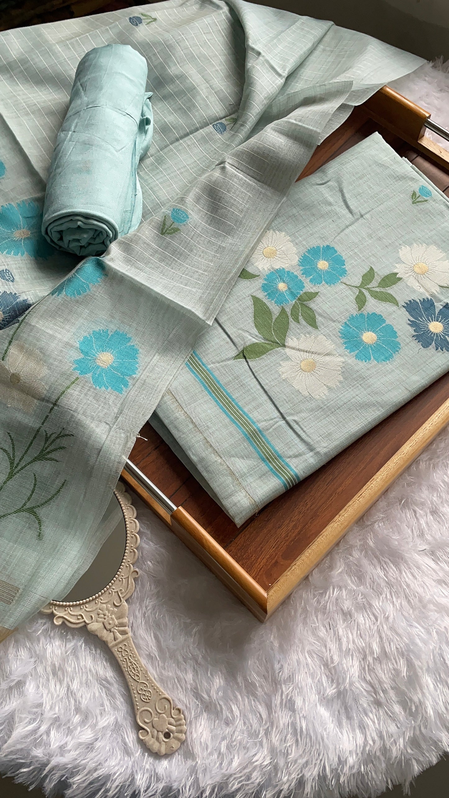 Whimsical Weaves Sky Blue Soft Muga Cotton Jamdani Unstitched Suit Set