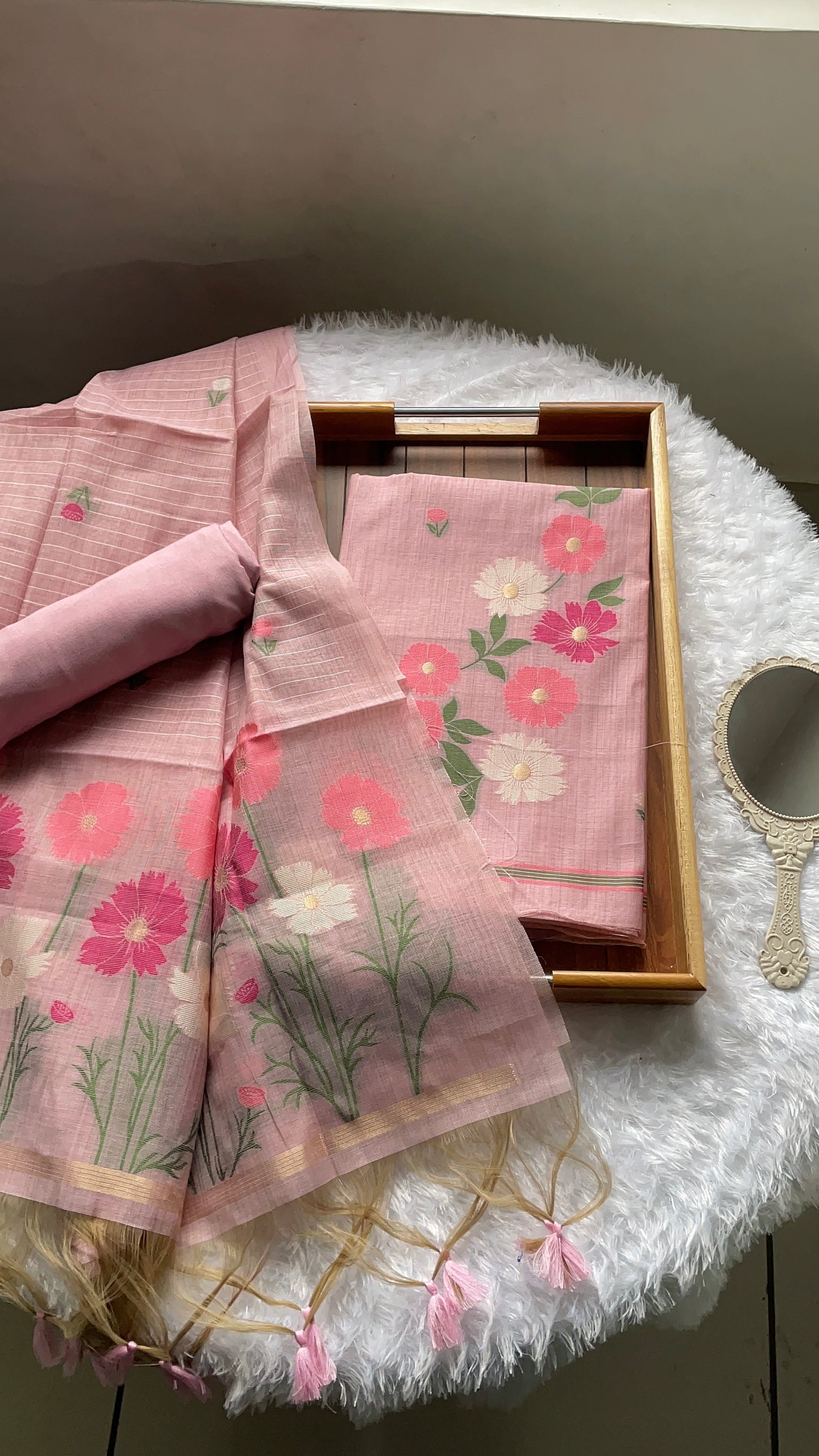 Whimsical Weaves Pink Soft Muga Cotton Jamdani Unstitched Suit Set