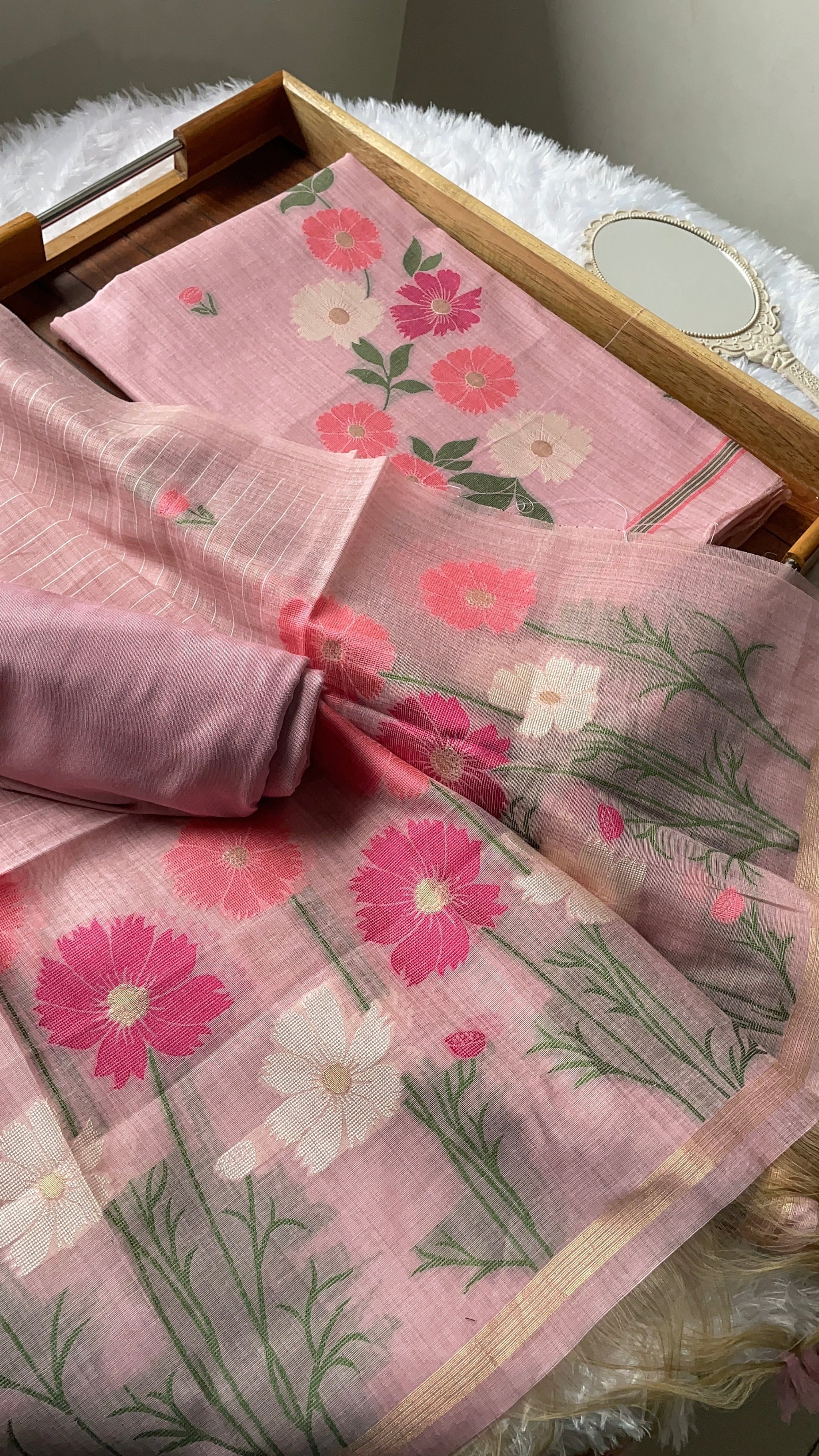 Whimsical Weaves Pink Soft Muga Cotton Jamdani Unstitched Suit Set