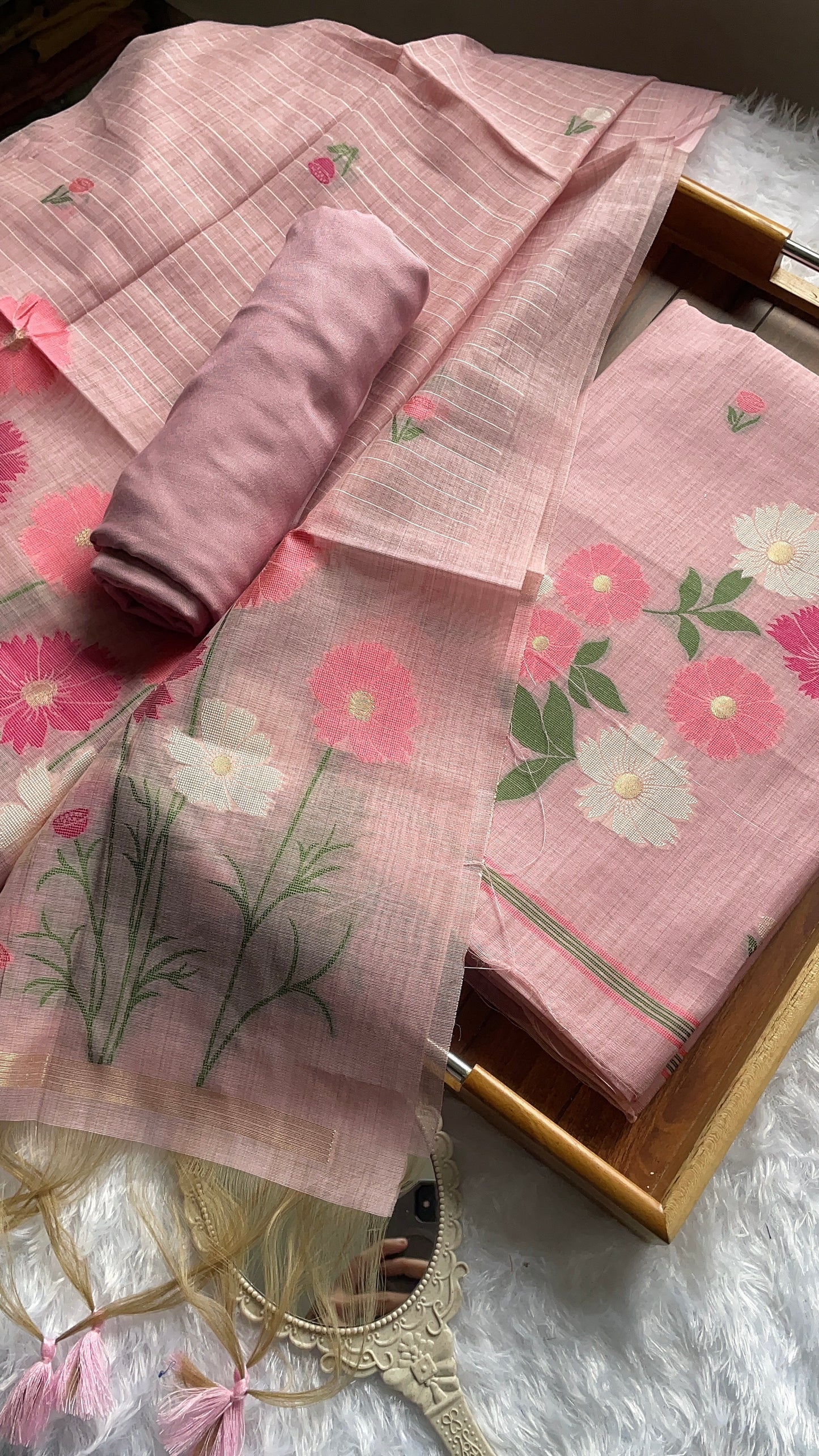 Whimsical Weaves Pink Soft Muga Cotton Jamdani Unstitched Suit Set