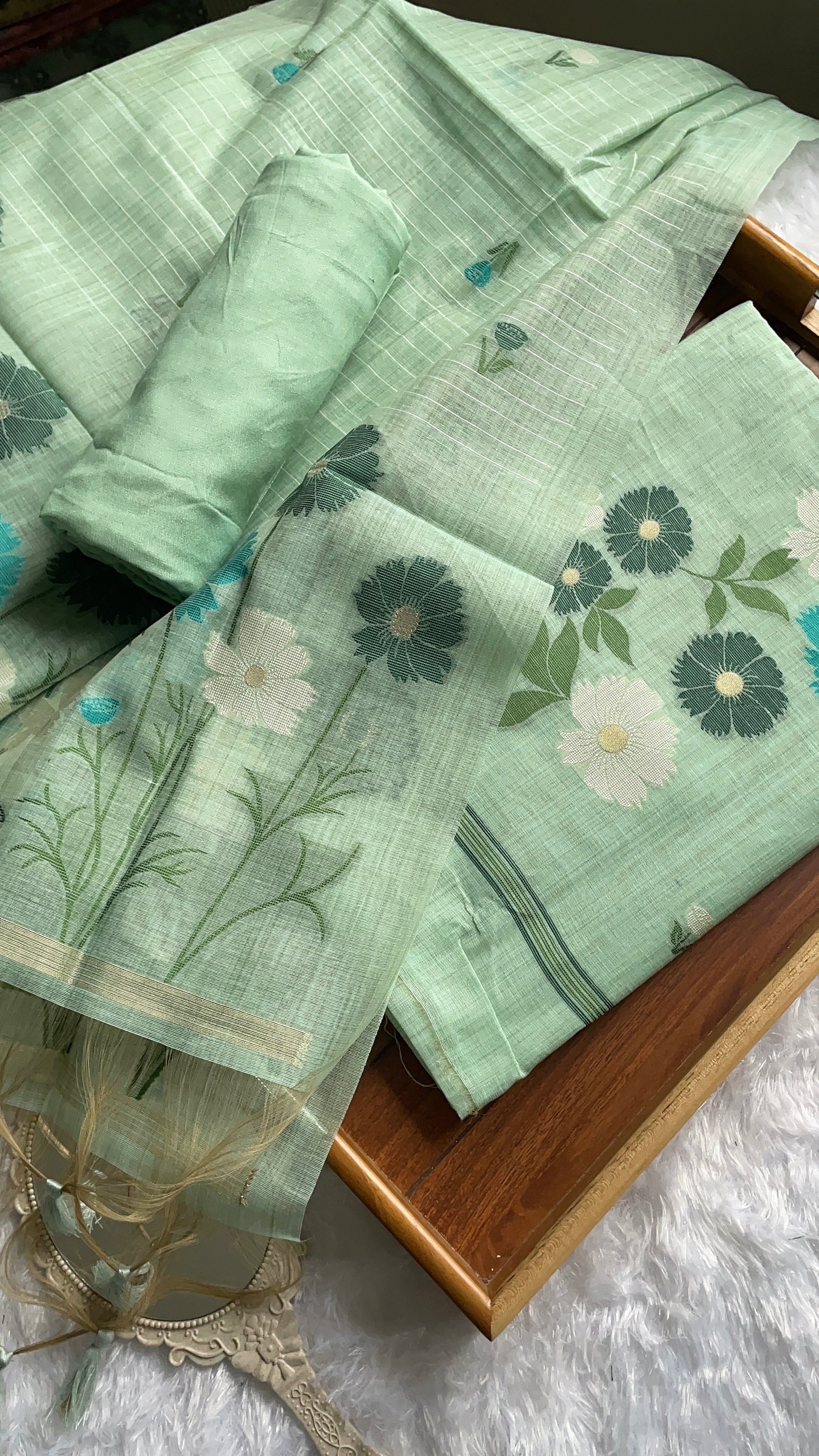 Whimsical Weaves Sea Green Soft Muga Cotton Jamdani Unstitched Suit Set