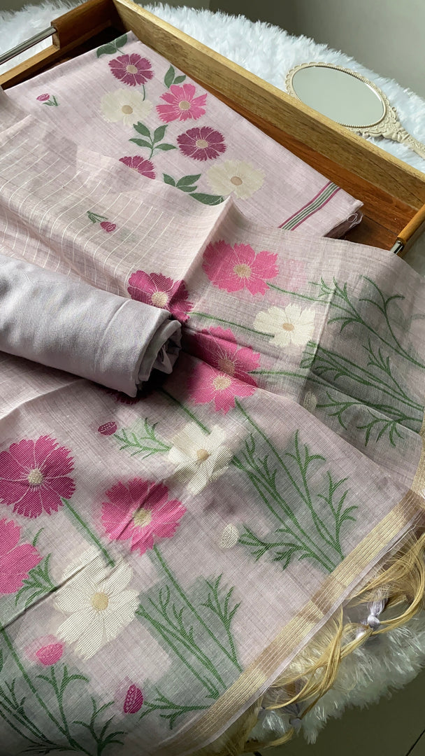 Whimsical Weaves Lavender Soft Muga Cotton Jamdani Unstitched Suit Set