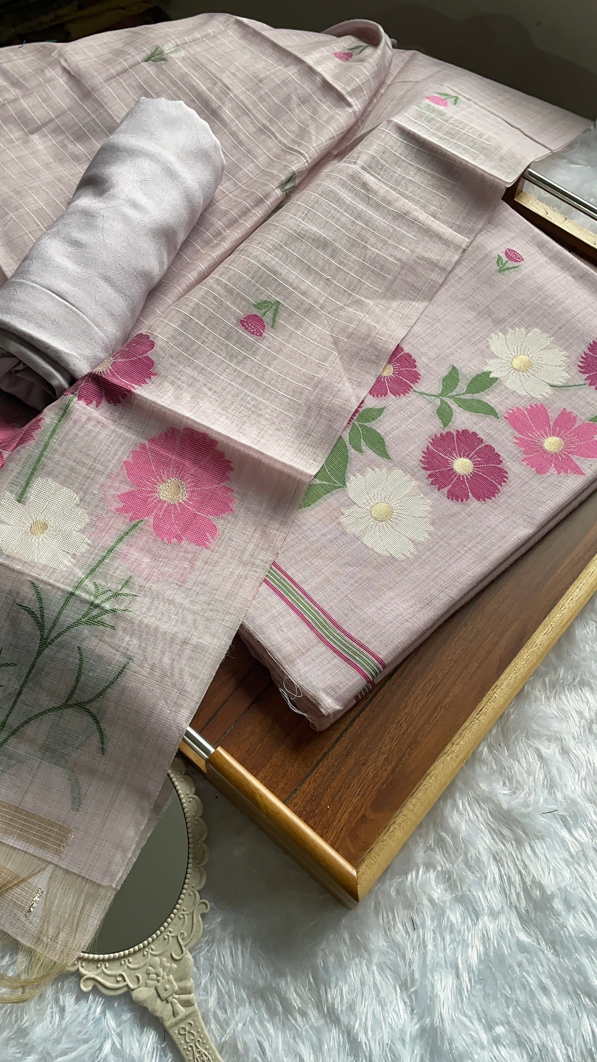 Whimsical Weaves Lavender Soft Muga Cotton Jamdani Unstitched Suit Set