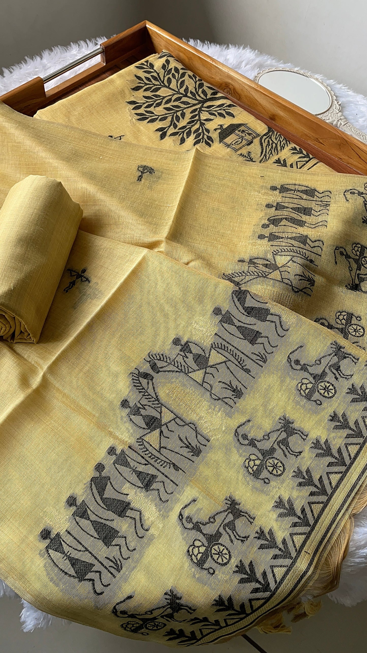 Chic Chronicles Yellow Warli Muga Cotton Unstitched Suit Set
