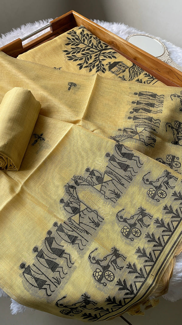 Chic Chronicles Yellow Warli Muga Cotton Unstitched Suit Set