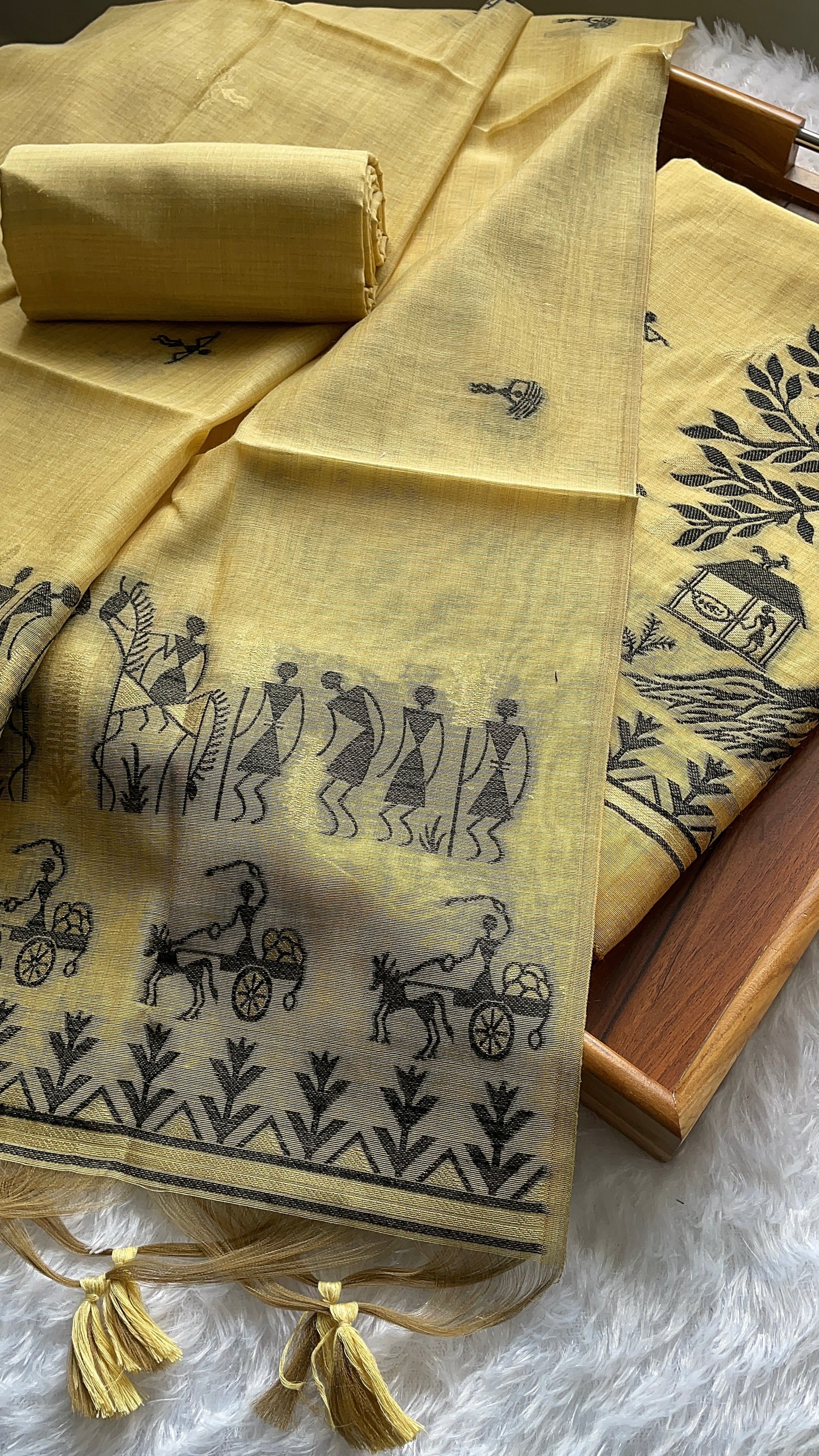 Chic Chronicles Yellow Warli Muga Cotton Unstitched Suit Set