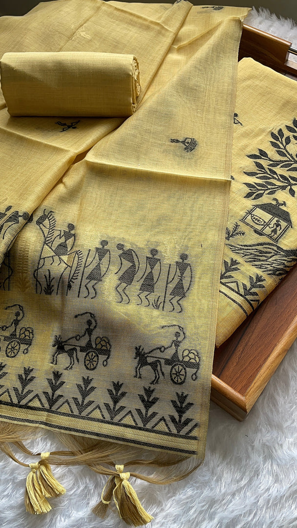 Chic Chronicles Yellow Warli Muga Cotton Unstitched Suit Set