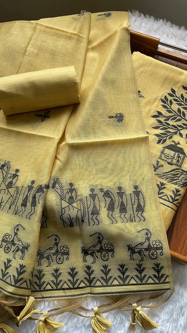 Chic Chronicles Yellow Warli Muga Cotton Unstitched Suit Set