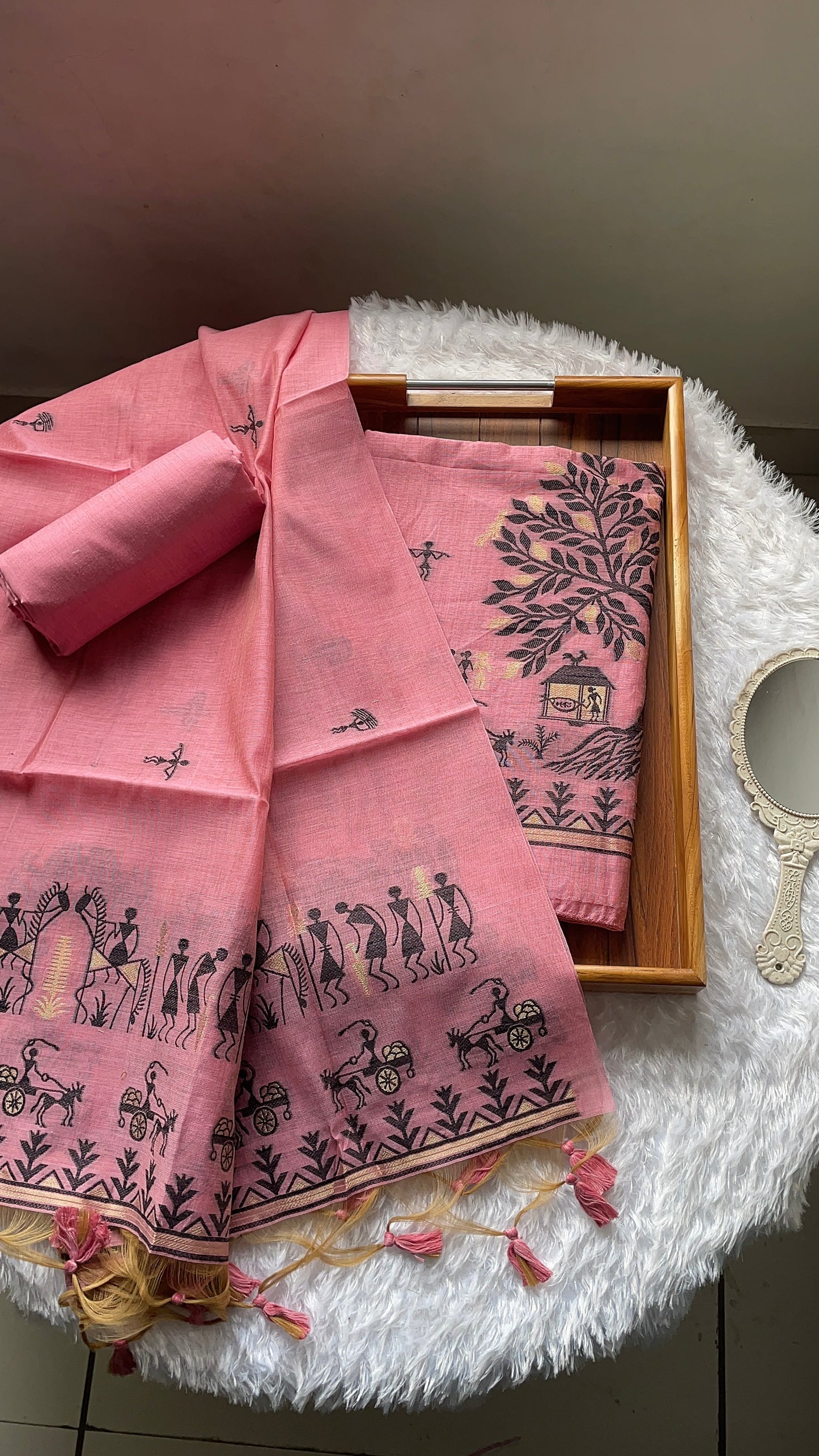 Chic Chronicles Pink Warli Muga Cotton Unstitched Suit Set