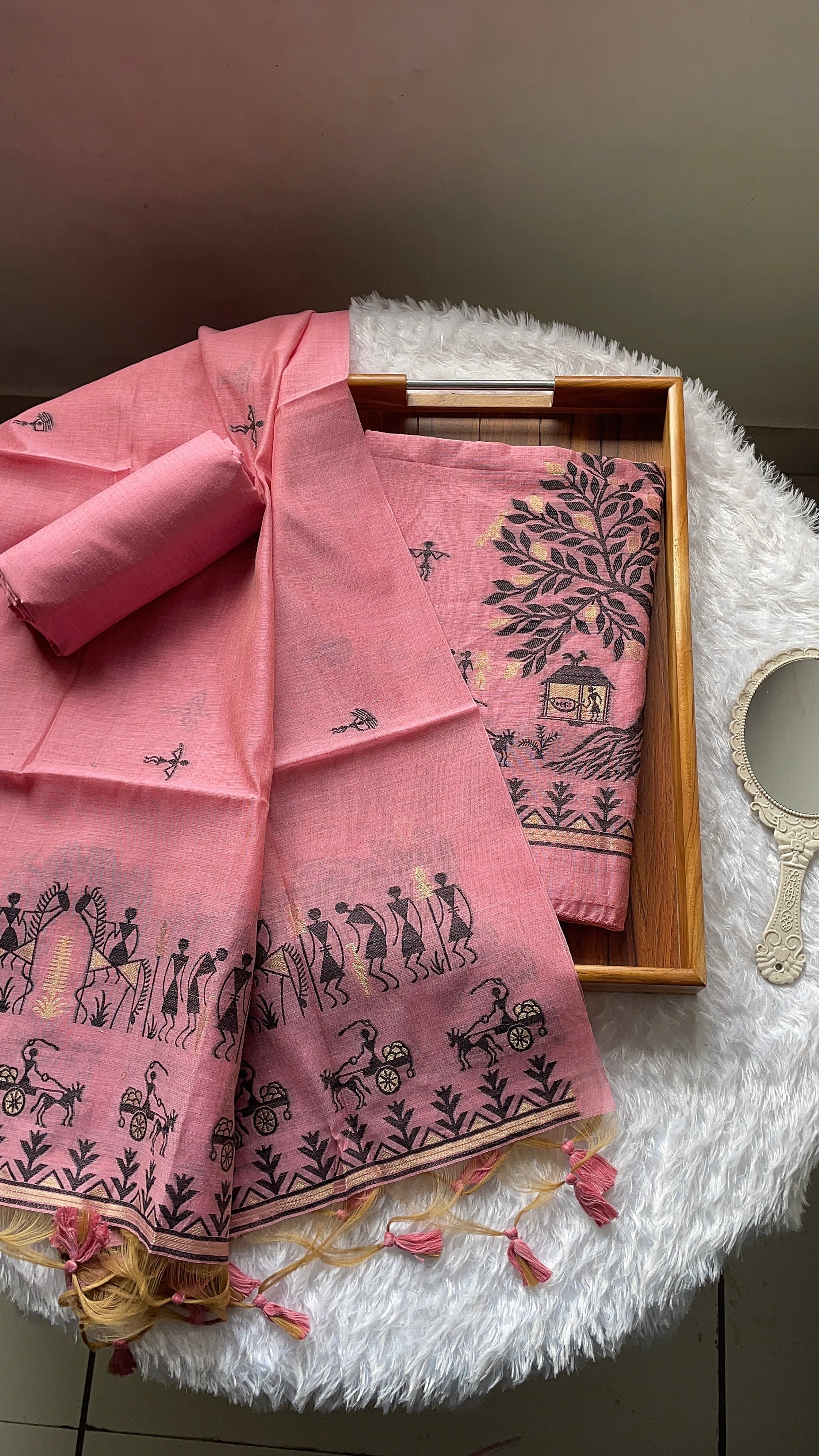 Chic Chronicles Pink Warli Muga Cotton Unstitched Suit Set