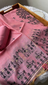 Chic Chronicles Pink Warli Muga Cotton Unstitched Suit Set