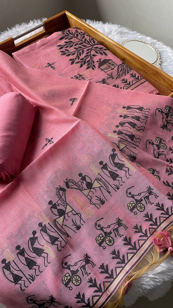 Chic Chronicles Pink Warli Muga Cotton Unstitched Suit Set