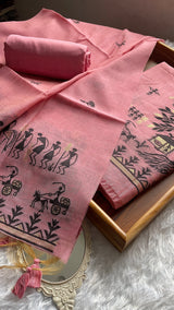 Chic Chronicles Pink Warli Muga Cotton Unstitched Suit Set