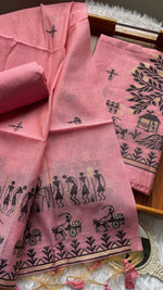 Load image into Gallery viewer, Chic Chronicles Pink Warli Muga Cotton Unstitched Suit Set

